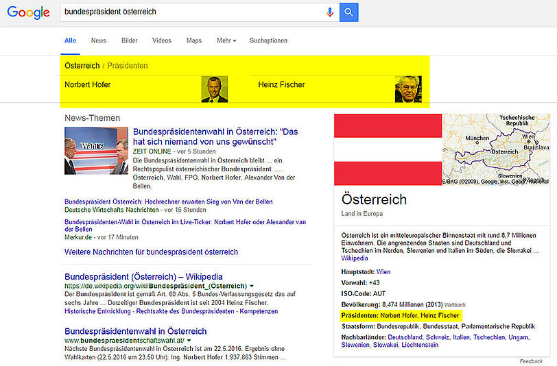 "Bundespräsident Österreich": Für Google lautet die Antwort auf diese Suchanfrage "Norbert Hofer".
