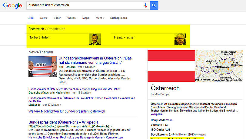 "Bundespräsident Österreich": Für Google lautet die Antwort auf diese Suchanfrage "Norbert Hofer". "Bundespräsident Österreich": Für Google lautet die Antwort auf diese Suchanfrage "Norbert Hofer".