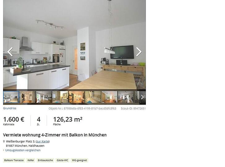 Auf einem anderen Portal ist die Wohnung für 1600 Euro inseriert.
