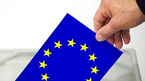 Ein Mann steckt eine Karte mit dem Aufdruck der Europafahen in den Schlitz einer Wahlurne. Foto: Patrick Pleul/Archivbild