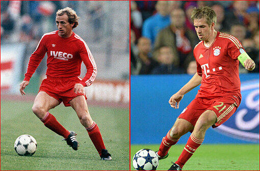 WIPF LAHM: Bernd Dürnberger, (l.) gerufen &bdquo;Wipf&ldquo;, war ein mannschaftsdienlicher Defensivspieler, der ohne zu murren die Seiten wechselte. Immer bescheiden, immer Teamplayer. Da ist die Parallele zu Philipp Lahm (r.), der sogar zum Kapitän der Triple-Helden wurde, ähnlich flexibel, aber technisch noch besser und torgefährlicher als Dürnberger.