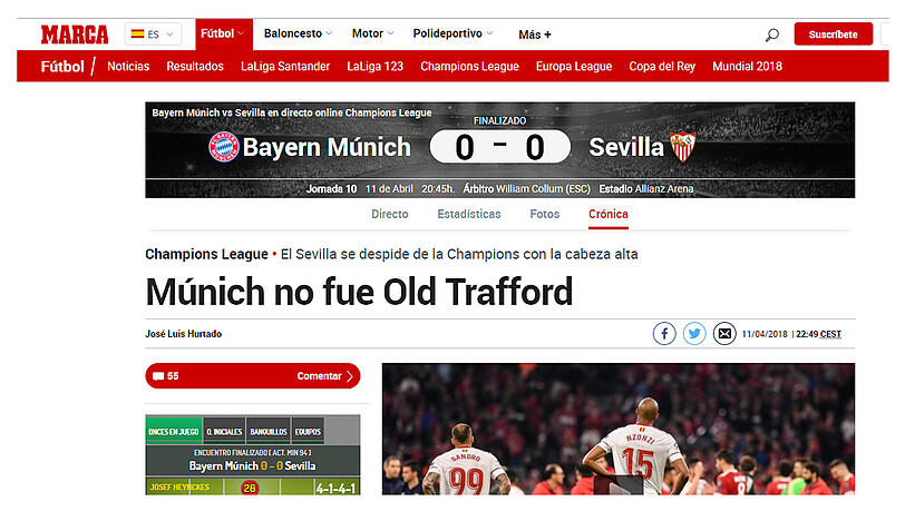 "München ist nicht der Old Trafford" titelt die spanische Marca. Dort kegelte Sevilla im Achtelfinale Manchester United aus dem Turnier. Die Spanier sprechen von einem Ausscheiden mit erhobenem Haupt. "München ist nicht der Old Trafford" titelt die spanische Marca. Dort kegelte Sevilla im Achtelfinale Manchester United aus dem Turnier. Die Spanier sprechen von einem Ausscheiden mit erhobenem Haupt.