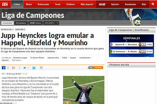 Auch "As.com" schreibt: "Heynckes wetteifert mit Happel, Hitzfeld und Mourinho".