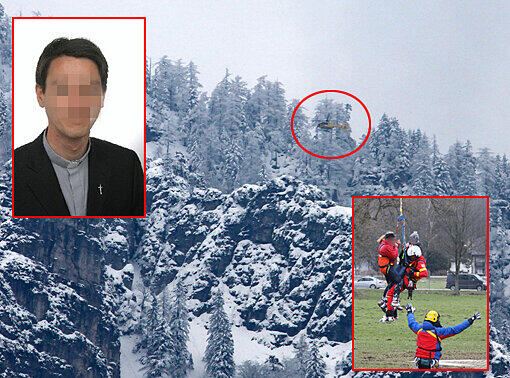 Der Pfarrer (l.) ist ein begeisterter Bergsteiger. Heilfroh ist er, als ihn der Helikopter am Montag in Bad Reichenhall absetzt.