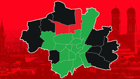 Grüne Schneise durch München. Welche Partei die meisten Stimmen bei der Bezirksausschusswahl bekommen hat, zeigt diese Karte.