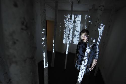 Im Birkenwald versteckt: Sebastian Tröger in seiner Installation.