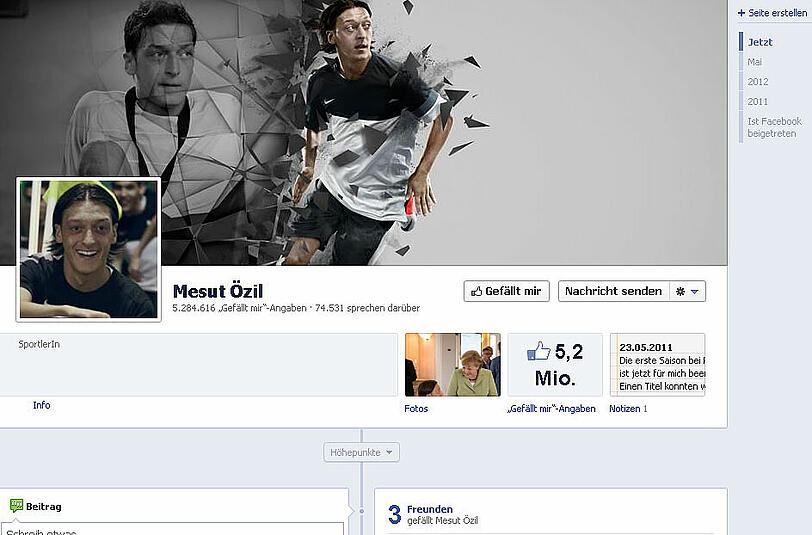 Mit Mesut Özil liegt auf dem dritten Rang der erste deutsche Spieler: 5,3 Millionen Menschen verfolgen Neuigkeiten von dem bei Real Madrid unter Vertrag stehenden Nationalspieler über Facebook. Damit hat er viermal so viele Fans wie die Nationalelf mit ihren 1,4 Millionen Internet-Anhängern - http://www.facebook.com/mesutoezil.