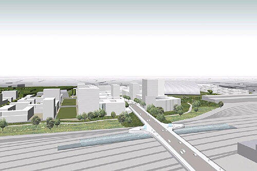 Die Zukunft des Hirschgartens: Vorne rechts die Friedenheimer Brücke, darunter der neue S-Bahnhof, dahinter das neue Stadtquartier aus Wohnhäusern und Gewerbe.
