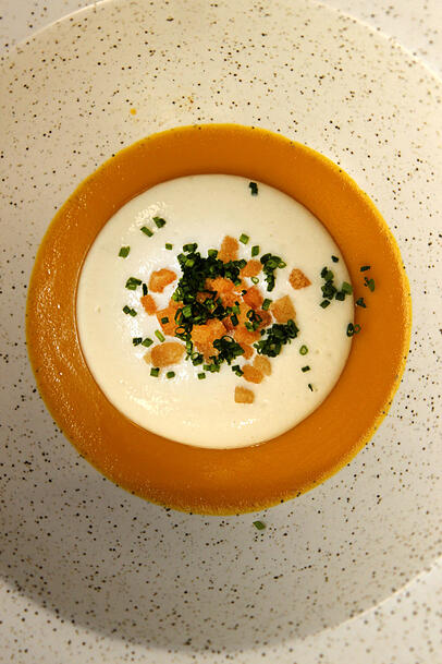 Kürbis-Pannacotta - Croutons, Ingwer, Schnittlauch Kürbis-Pannacotta - Croutons, Ingwer, Schnittlauch