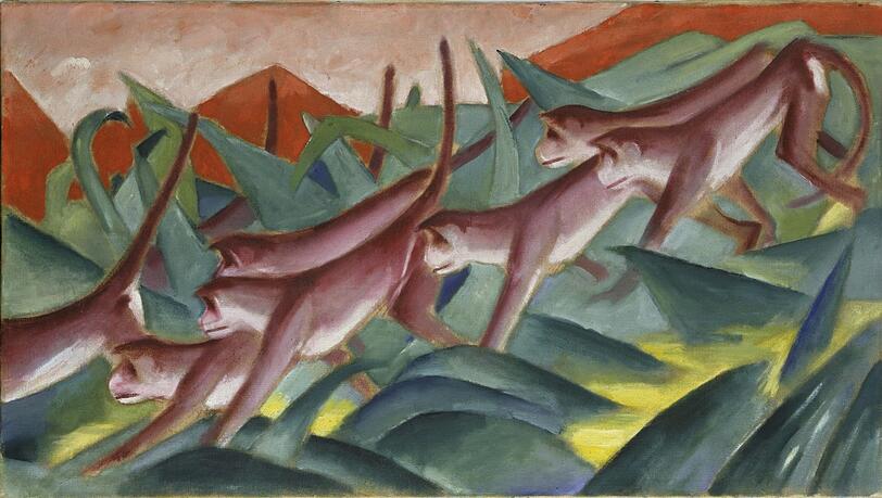 Franz Marcs „Affenfries“ aus dem Jahr 1911 zählt zu den Höhepunkten der Ausstellung. Die Geometrisierung schreitet sichtlich voran. Franz Marcs „Affenfries“ aus dem Jahr 1911 zählt zu den Höhepunkten der Ausstellung. Die Geometrisierung schreitet sichtlich voran.