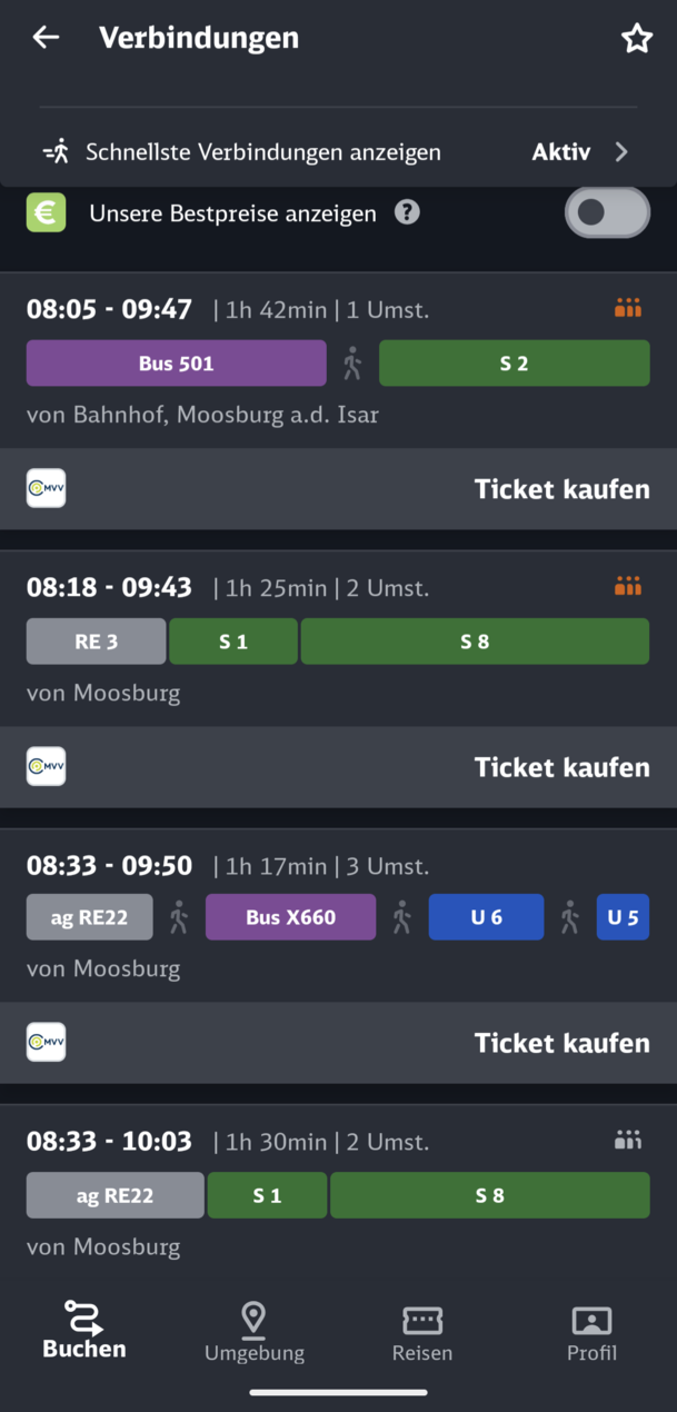 Die Möglichkeiten in den nächsten zwei Wochen ab Moosburg an der Isar zum Hauptbahnhof München.