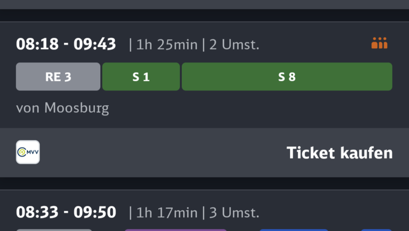 Die Möglichkeiten in den nächsten zwei Wochen ab Moosburg an der Isar zum Hauptbahnhof München.