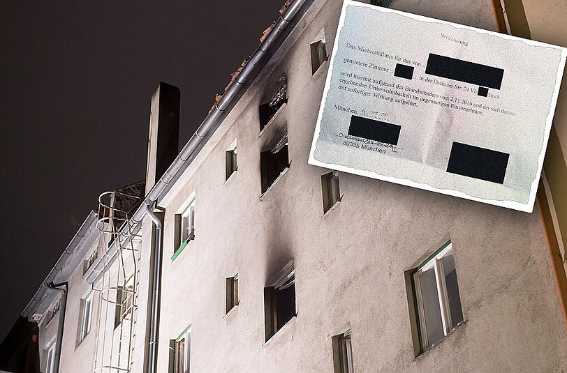 Das Haus in der Dachauer Straße 24 steht nach dem Brand leer. Nur der Army Shop im Erdgeschoss hat geöffnet. Die Mieter haben eine Vereinbarung unterschrieben, dass ihr Mietverhältnis aufgelöst ist (kleines Foto).