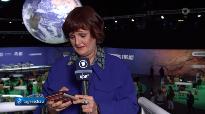 Annette Dittert während der Live-Schalte am Handy.
