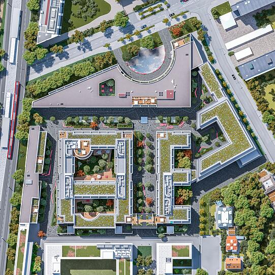 Die Gebäude des zukünftigen Büro-Campus aus der Vogelperspektive.