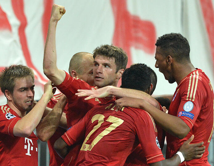 23. April 2013: Thomas Müller (Mitte) jubelt mit seinen Teamkollegen beim 4:0 des FC Bayern über den FC Barcelona im Hinspiel des Champions-League-Halbfinales.