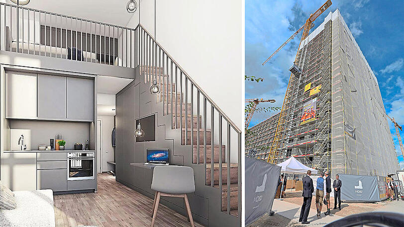 Noch eine Baustelle: Der 21 Stockwerke hohe Turm wird einmal ein Hotel beherbergen (rechts). Visualisierungen machen die Appartements vorstellbar (links).