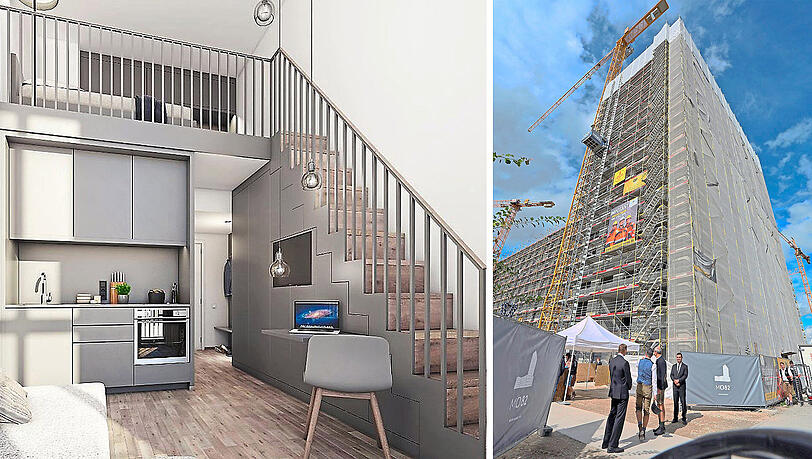 Noch eine Baustelle: Der 21 Stockwerke hohe Turm wird einmal ein Hotel beherbergen (rechts). Visualisierungen machen die Appartements vorstellbar (links). Noch eine Baustelle: Der 21 Stockwerke hohe Turm wird einmal ein Hotel beherbergen (rechts). Visualisierungen machen die Appartements vorstellbar (links).