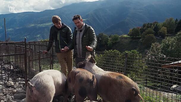 Auf dem Bauernhof von Simon Messner (l.) packt Felix Neureuther beim Schweinefüttern mit an.