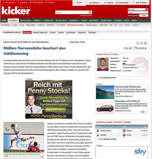 Der "Kicker" schreibt den Sieg Müllers Nervenstärke zu und verweist auf den 100.Sieg der Bayern in der Champions League.
