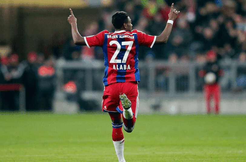 Der Jubel gen Himmel: David Alaba nach seinem Freistoßtreffer für den FC Bayern München im Achtelfinale des DFB-Pokals gegen Eintracht Braunschweig.