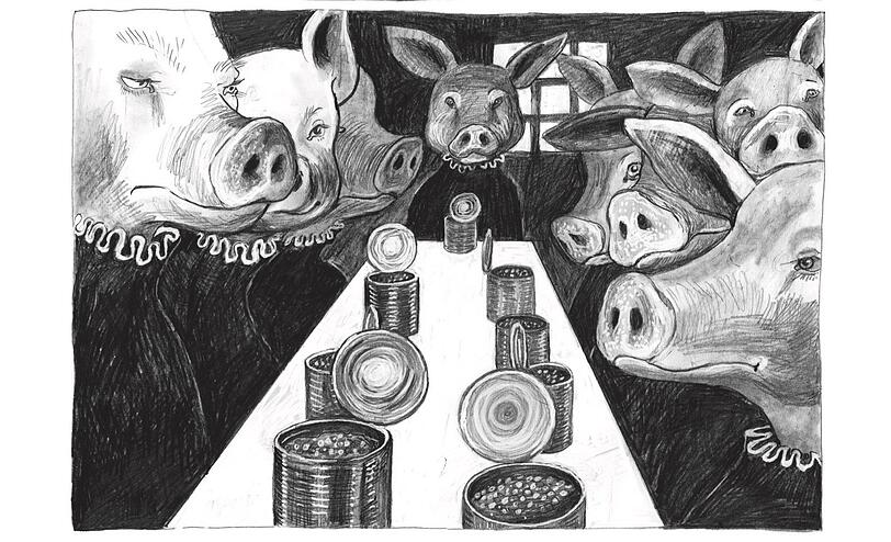 Was soll man davon halten, wenn auf dem Dorffest Schweine versammelt sind? Anke Feuchtenberger lässt auch hier die Tiere ran.