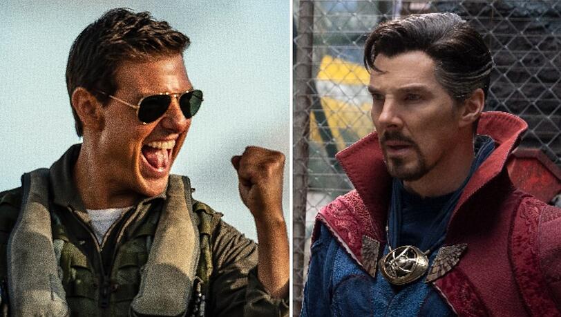 Maverick versus Marvel: Tom Cruise (li.) als Pete Mitchell in "Top Gun: Maverick" und Benedict Cumberbatch als Doctor Strange im gleichnamigen Comic-Blockbuster.