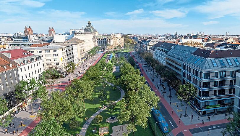 Aktuell reihen sich noch Autos auf der Sonnenstraße zwischen Sendlinger Tor und Stachus aneinander. Doch das könnte bald Vergangenheit sein. Ab dem Jahr 2035 stellt sich der Bund Naturschutz die Gegend so vor. Autos sind auf der Visualisierung nicht mehr zu sehen.