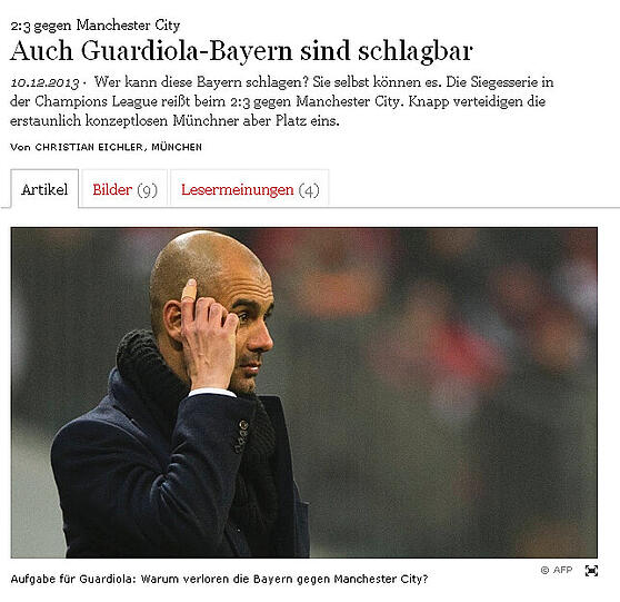 "Auch Guardiola-Bayern sind schlagbar" schreibt die FAZ.