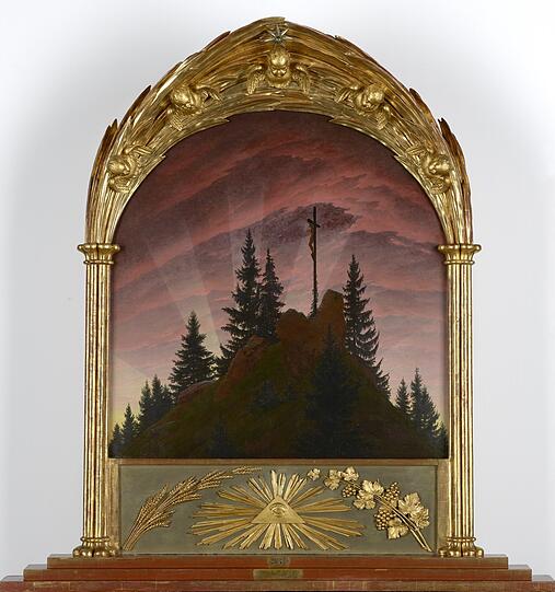 Purple Rain geht hier nicht nieder, aber der Himmel über Caspar David Friedrichs "Tetschener Altar" leuchtet in unfassbar kühnen Farben. Das Bild war ein Skandal und einer der ärgsten Kritiker ätzte: "Wollte hier Landschaft in die Kirchen schleichen und auf die Altäre kriechen?" Die Fundamentalkritik des Juristen Ramdohr ging als Ramdohr-Streit in die Kunstgeschichte ein. Das auch als "Kreuz im Gebirge" bezeichnete Gemälde entstand 1807/08.