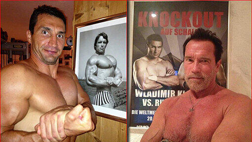 Wladimir Klitschko in Schwarzenegger-Pose (l.) und Schwarzenegger in Klitschko-Pose. Wladimir Klitschko in Schwarzenegger-Pose (l.) und Schwarzenegger in Klitschko-Pose.