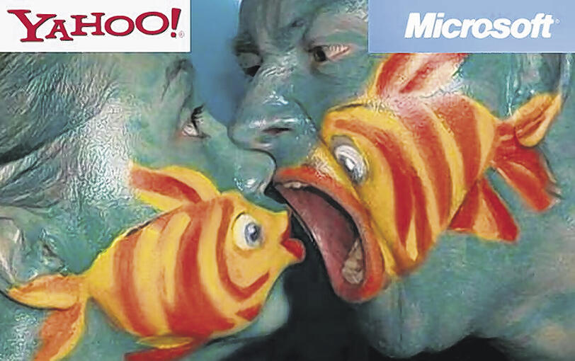 Künstlerisch wertvoll kommentiert die Internet-Gemeinde die Übernahme-Gelüste von Microsoft auf das wesentlich kleinere Yahoo. Hinter den aufgemalten Fischen erkennt man &ndash; nicht gleich &ndash; Gesichter.
