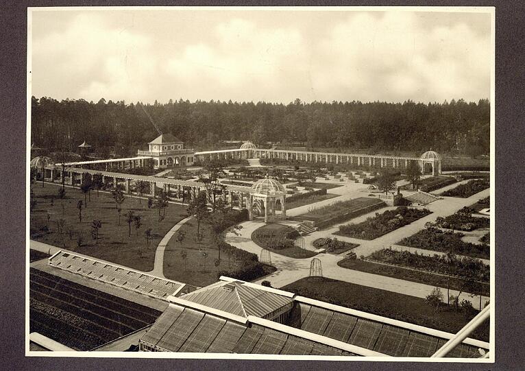 Areal Laubengang von oben: Im Vordergrund das Dach des Gewächshauses, links das Gelände des heutigen Frühlingsweges, damals mit Bäumen bepflanzt, Blick auf die Pergola, die die Ökologische Abteilung umrahmt.