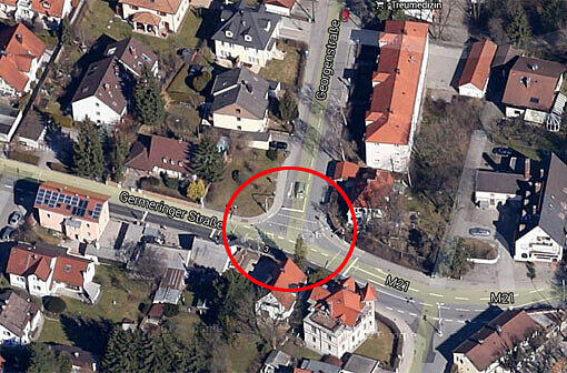 Der Tatort aus Google-Maps-Sicht: An der Kreuzung Georgenstraße/Germeringer Straße in Planegg hat ein Mann seine Ex-Freundin und dann sich selbst getötet.