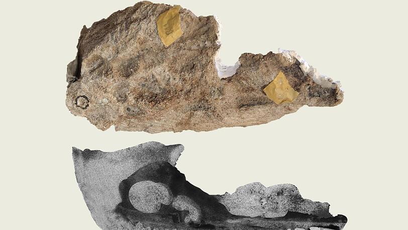 Oben der Steinbrocken, unten der CT-Scan des Steinbrockens.