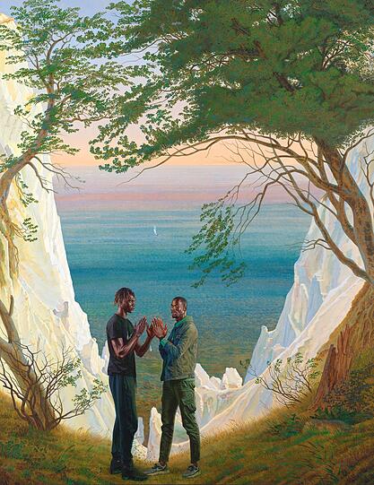 In der Arbeit "The Prelude" von 2021 setzt sich Kehinde Wiley mit Friedrichs berühmten Kreidefelsen auseinander. Mit seinen großformatigen Adaptionen von bekannten Gemälden nähert sich der Maler aus Los Angeles auf kritische Weise dem weiß geprägten westlichen Kunstkanon. Dabei ersetzt Wiley die Figuren Friedrichs durch Schwarze Personen. In diesem Fall Ibrahima Ndiaye und El Hadji Malick Gueye.