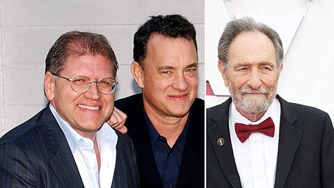 Schauspieler Tom Hanks inmitten von Robert Zemeckis (li.) und Eric Roth.