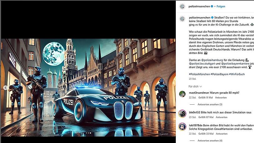 So sieht die KI den Marienplatz im Jahr 2100. Menschenleer und voller Robocops.