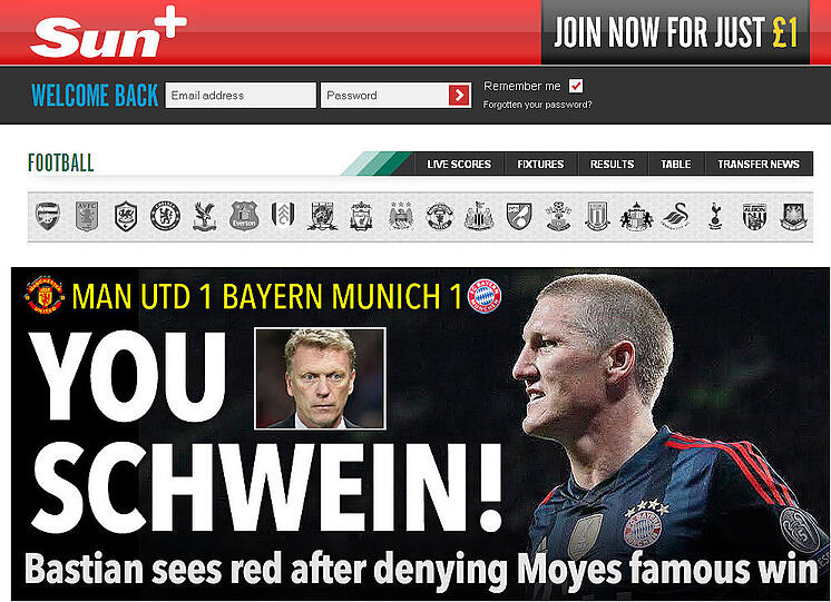 Die britische Sun: "You Schwein" - Du Schwein. Schweinsteiger sieht Rot, nachdem er Moyes' historischen Sieg verhindert.