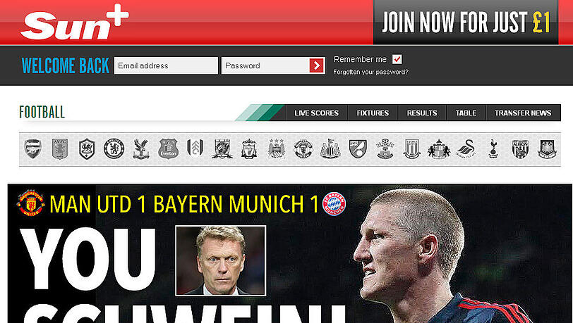 Die britische Sun: "You Schwein" - Du Schwein. Schweinsteiger sieht Rot, nachdem er Moyes' historischen Sieg verhindert. Die britische Sun: "You Schwein" - Du Schwein. Schweinsteiger sieht Rot, nachdem er Moyes' historischen Sieg verhindert.