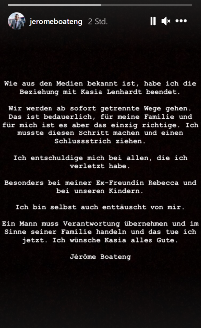 Boateng bestätigte die Trennung von Freundin Kasia Lenhardt in seiner Instagram-Story. Boateng bestätigte die Trennung von Freundin Kasia Lenhardt in seiner Instagram-Story.