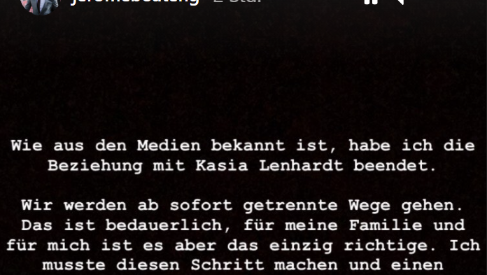 Boateng bestätigte die Trennung von Freundin Kasia Lenhardt in seiner Instagram-Story. Boateng bestätigte die Trennung von Freundin Kasia Lenhardt in seiner Instagram-Story.