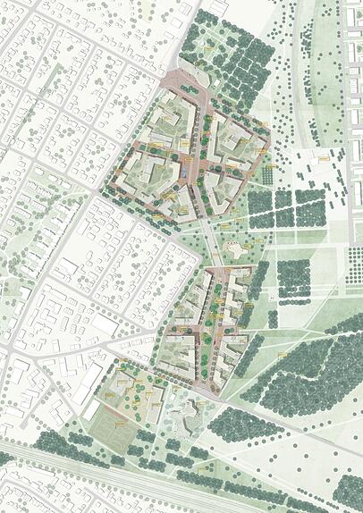 So soll die Fläche bebaut werden. Eine Jury hat sich für diesen Entwurf von dem Architekturbüros 03 arch. zusammen mit Studio Vulkan entschieden. So soll die Fläche bebaut werden. Eine Jury hat sich für diesen Entwurf von dem Architekturbüros 03 arch. zusammen mit Studio Vulkan entschieden.