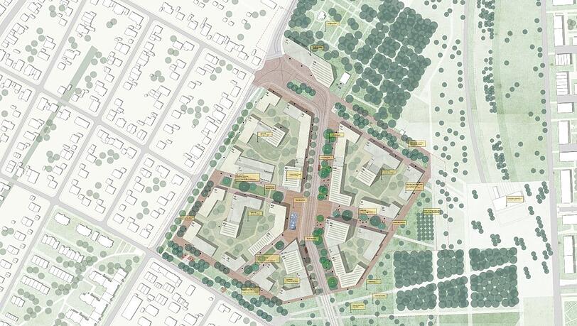 So soll die Fläche bebaut werden. Eine Jury hat sich für diesen Entwurf von dem Architekturbüros 03 arch. zusammen mit Studio Vulkan entschieden. So soll die Fläche bebaut werden. Eine Jury hat sich für diesen Entwurf von dem Architekturbüros 03 arch. zusammen mit Studio Vulkan entschieden.