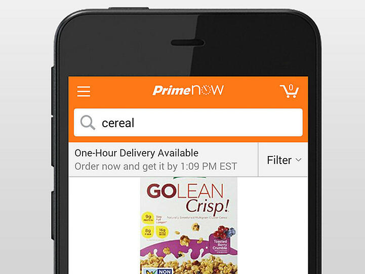 Mit Amazon Prime Now bestellen Kunden ihre Waren per App und können diese eine Stunde später in Empfang nehmen