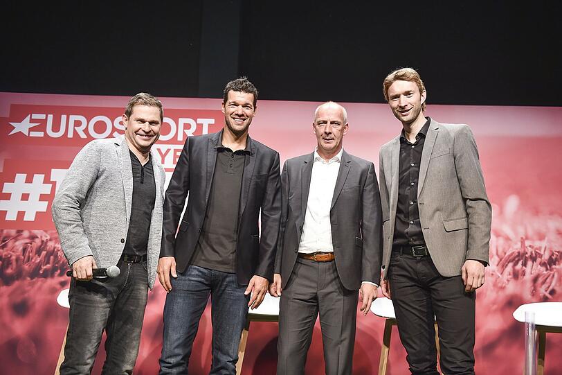 Markus Theil (Moderator), Michael Ballack, Mario Basler und Simon Rolfes