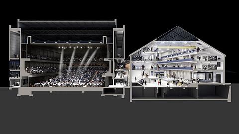 Die neue Isarphilharmonie mit der denkmalgeschützten, 100 Jahre alten Halle E, die als Foyer und variable Spielstätte dienen wird.