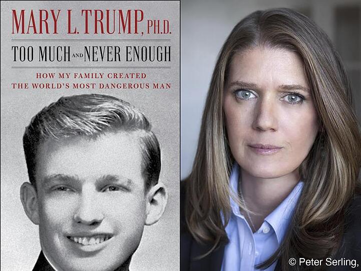 Das Titelbild des Enthüllungsbuches "Zu viel und nie genug - Wie meine Familie den gefährlichsten Mann der Welt geschaffen hat" und ein Porträt der Autorin Mary L. Trump.