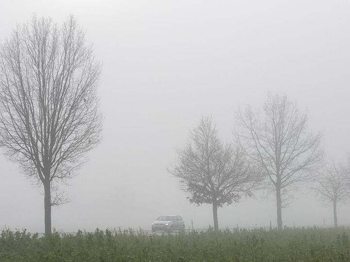 Auf einer Landstraße fährt ein Auto im dichten Nebel. Foto: Stefan Puchner/dpa/Archiv