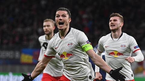 Marcel Sabitzer (M) war mit seinen zwei Toren Matchwinner beim Leipziger Heimsieg gegen Tottenham Hotspur.
